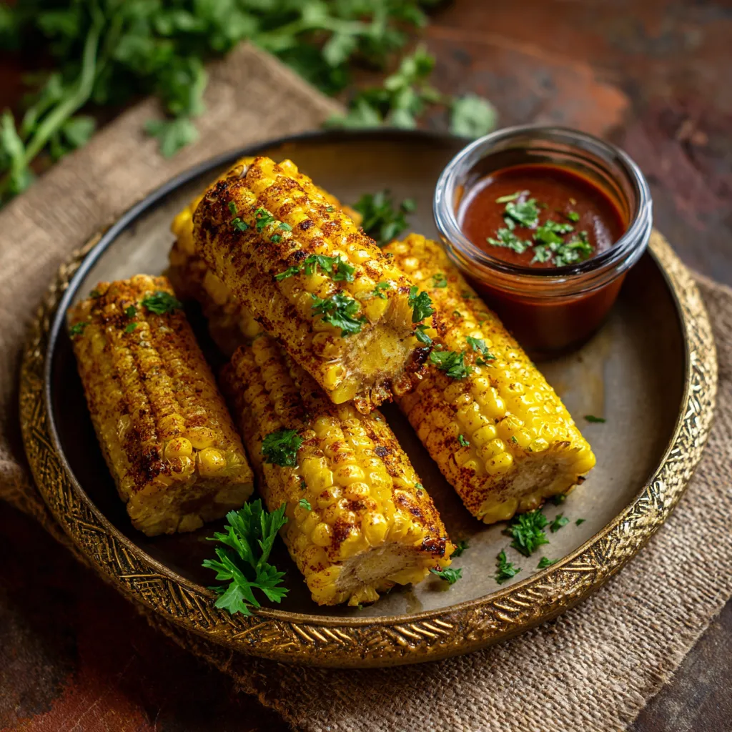 A plate of corn with sauce.