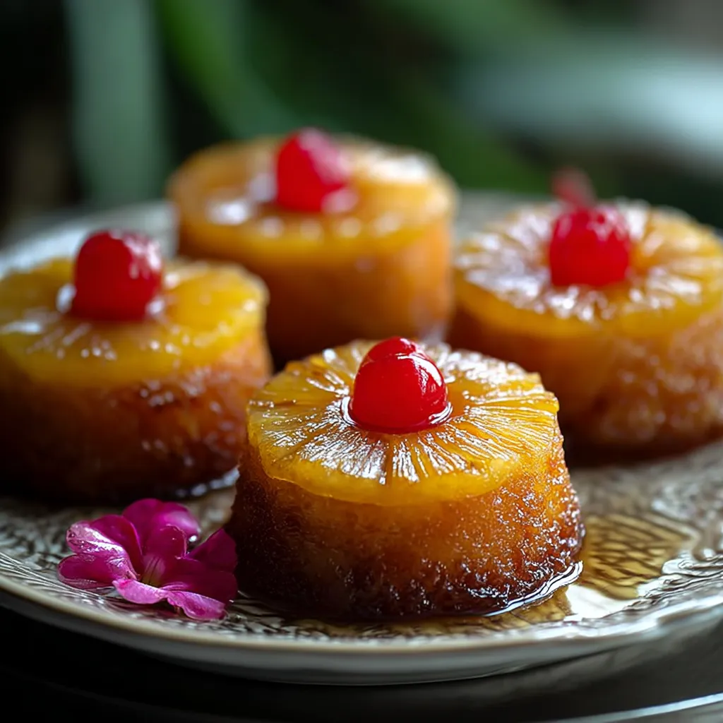 Three cakes with pineapple toppings on a plate.