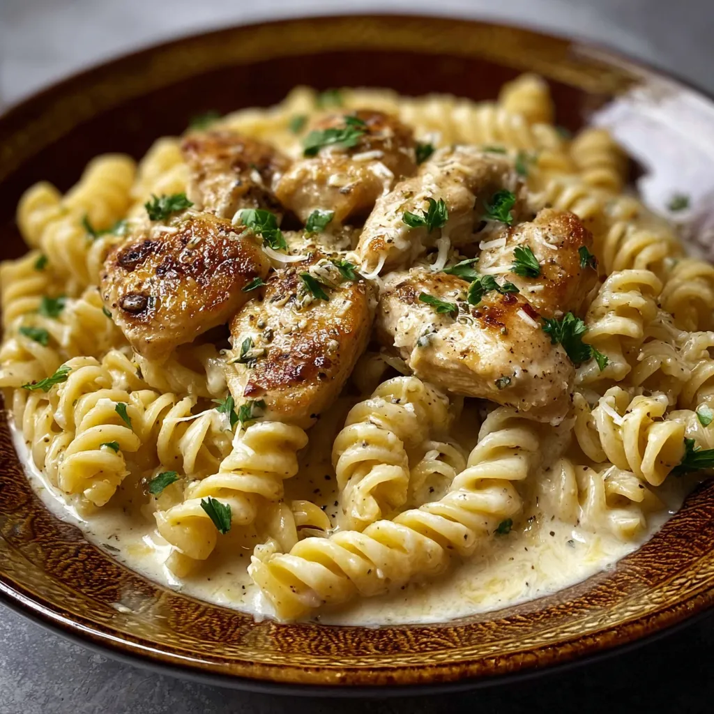A plate of pasta with chicken and vegetables.