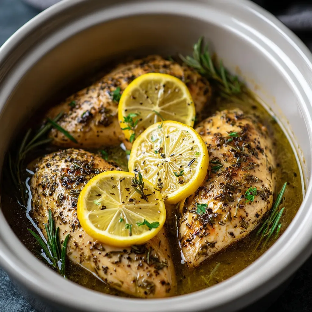 A bowl of chicken with lemon slices on top.