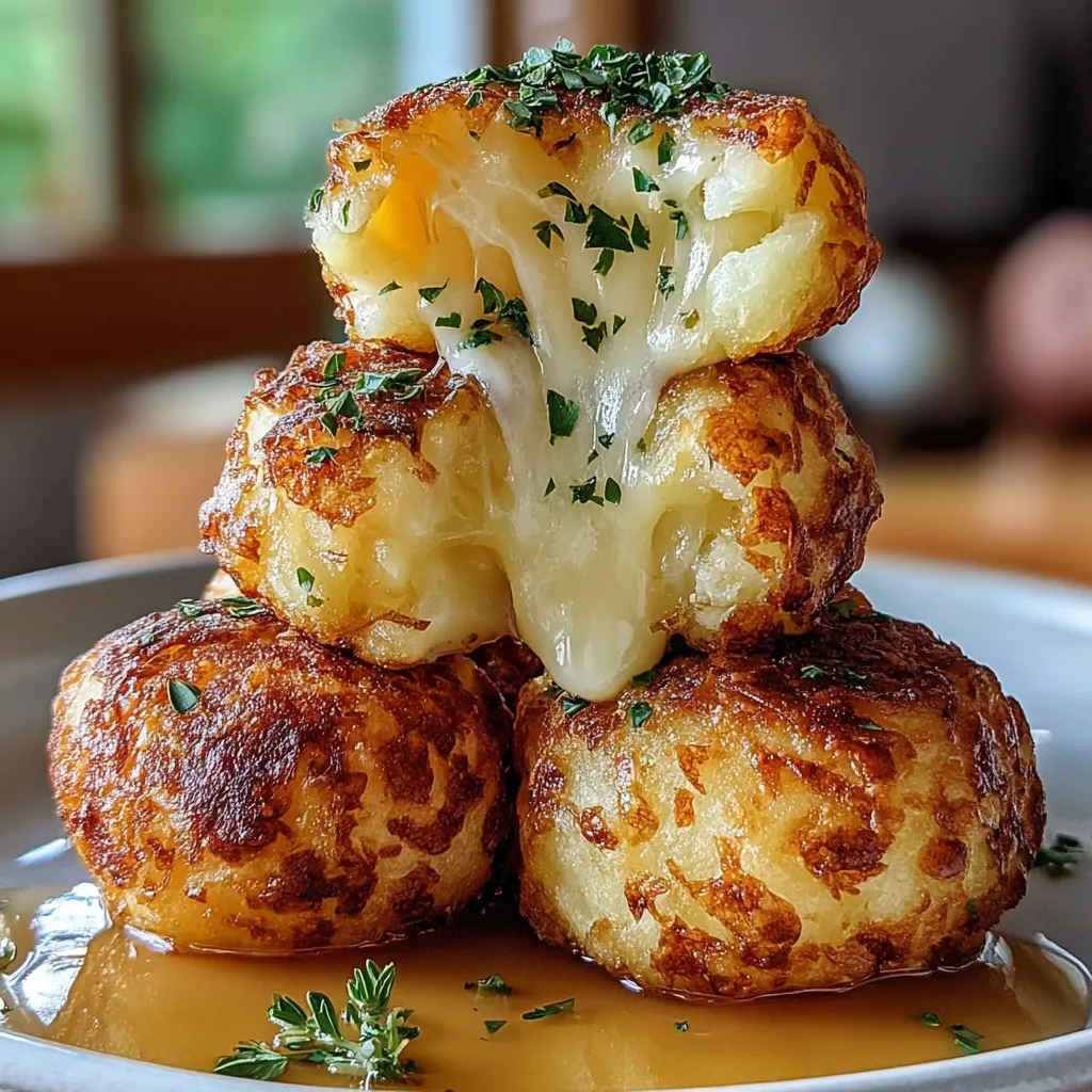 A stack of potatoes with cheese on top.
