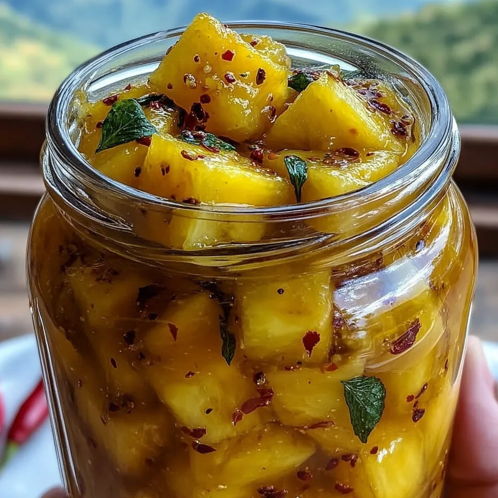A jar of pineapple chunks with spices.