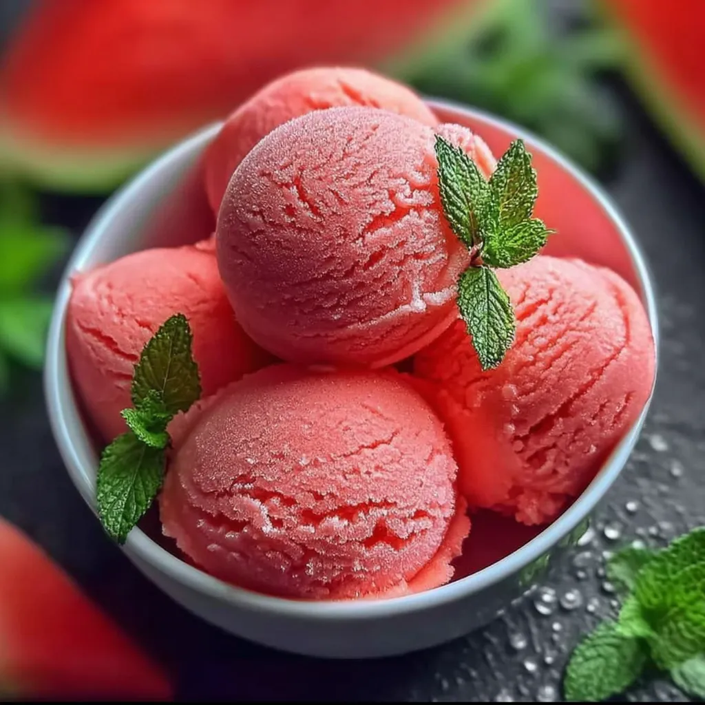 A bowl of watermelon with mint leaves on top.