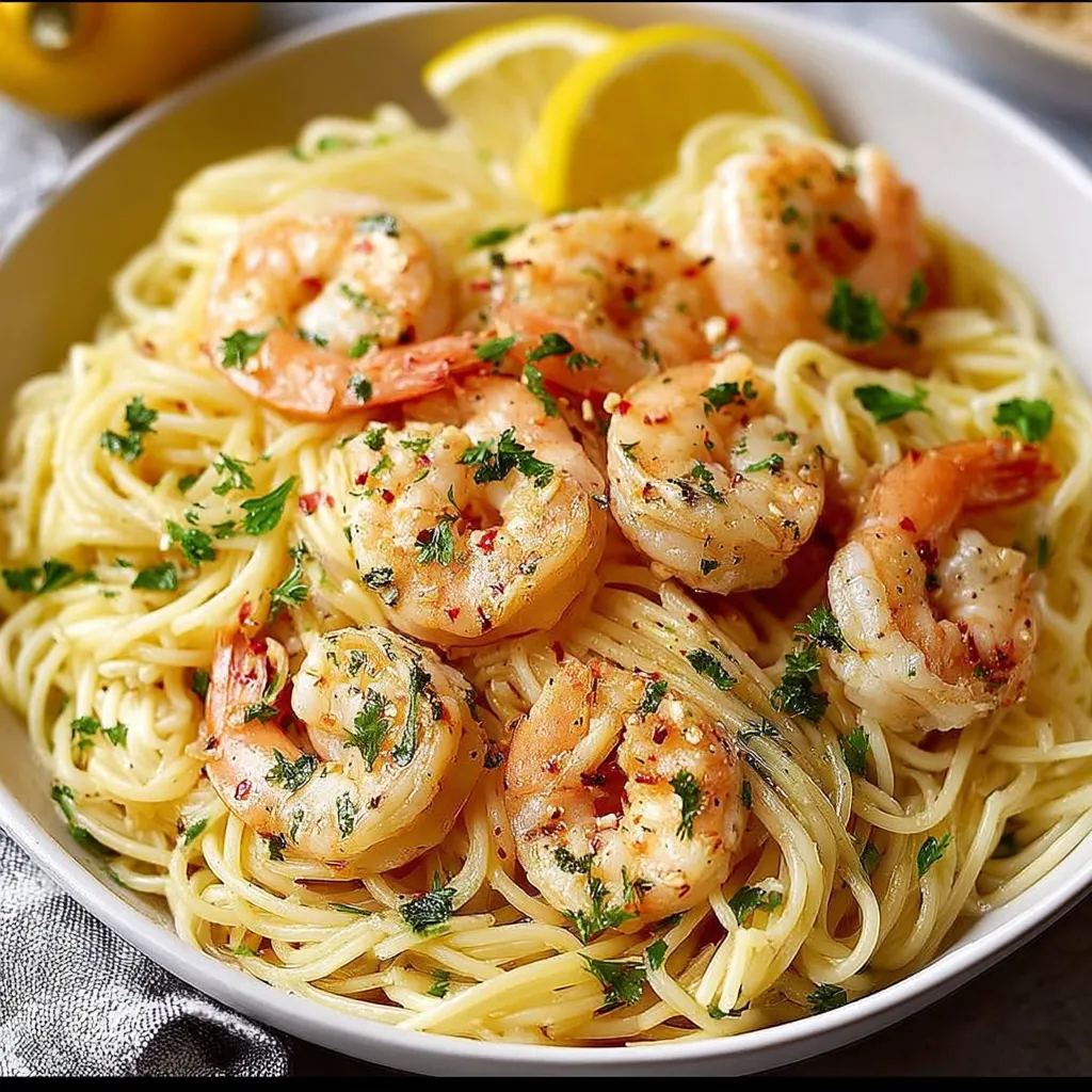 A bowl of shrimp and pasta.