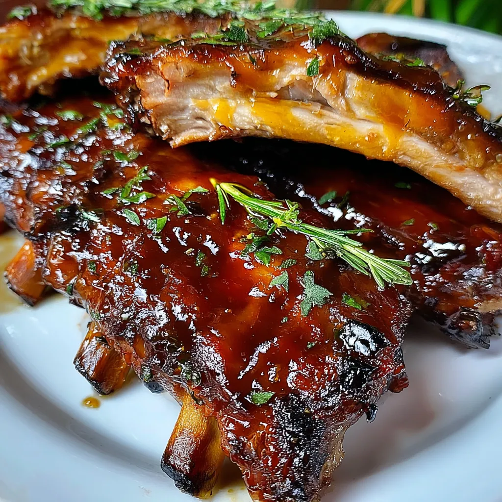 A plate of ribs with a green herb on top.