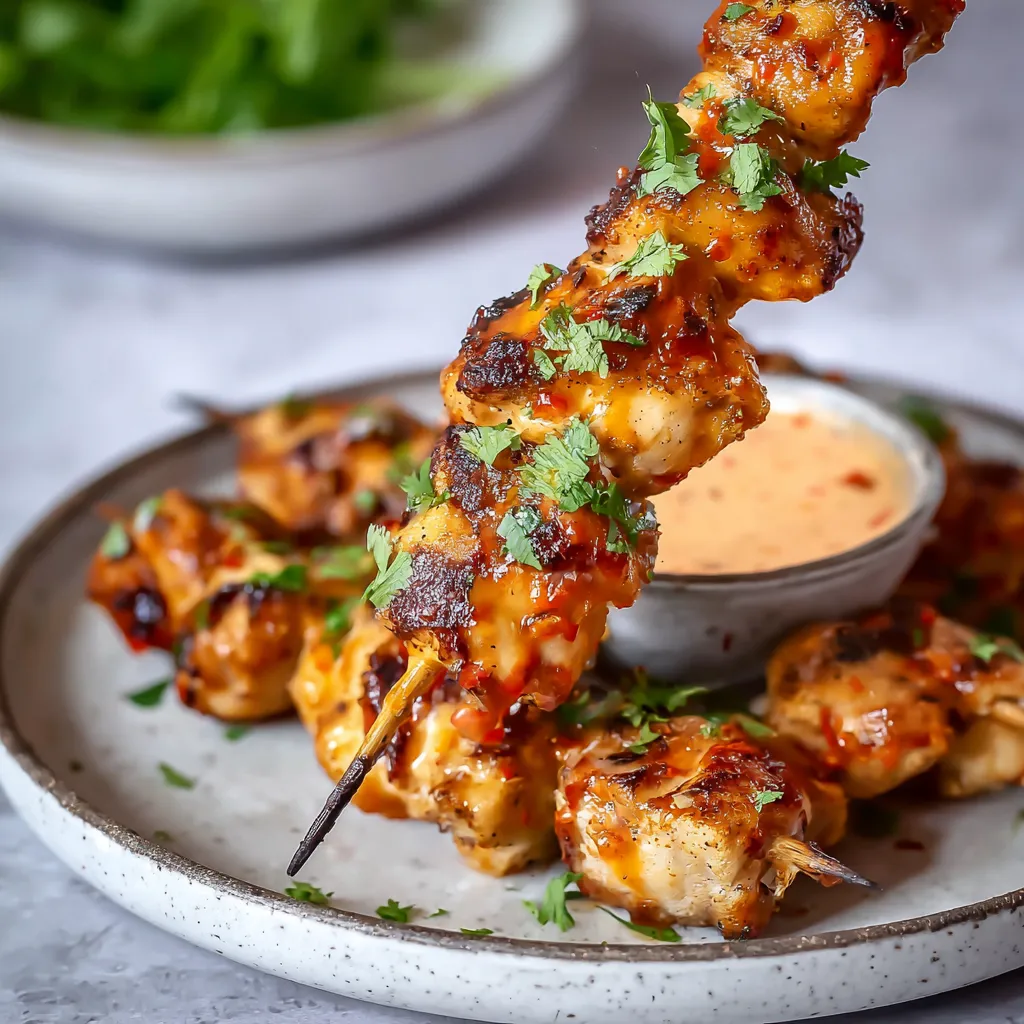 A plate of food with a skewer of meat and a bowl of sauce.
