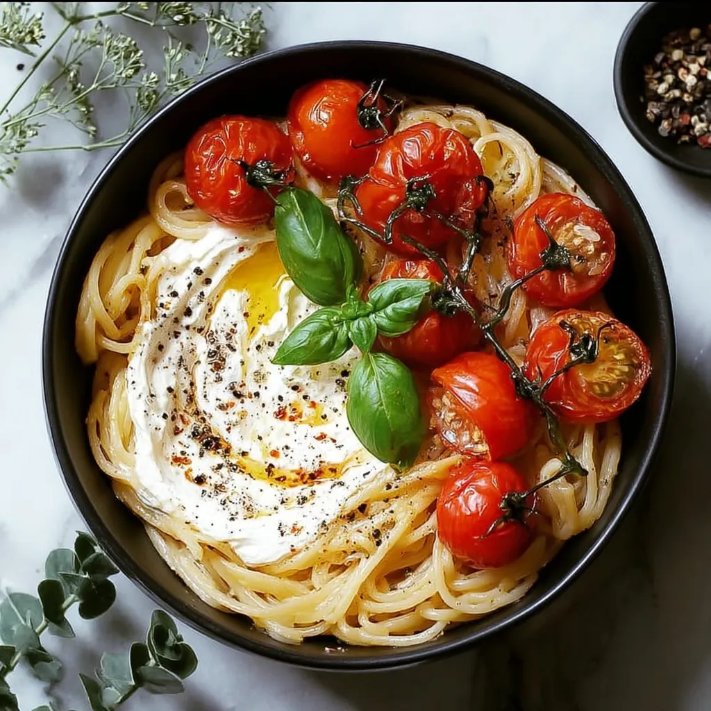 A bowl of pasta with tomatoes and basil.