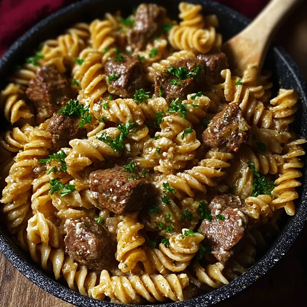 A bowl of pasta with meat and vegetables.
