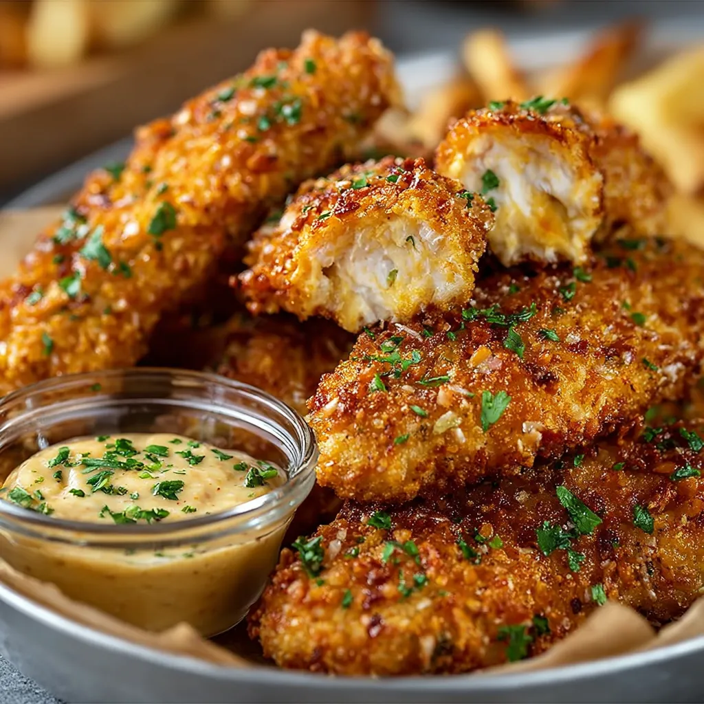 A plate of fried chicken with a dipping sauce.