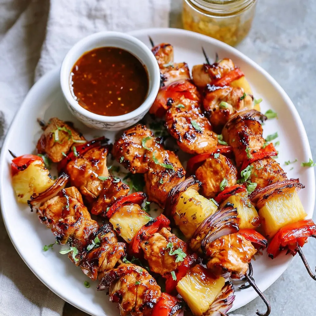 A plate of shish kabob with a dipping sauce.