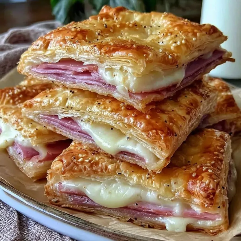 A stack of ham and cheese sandwiches.