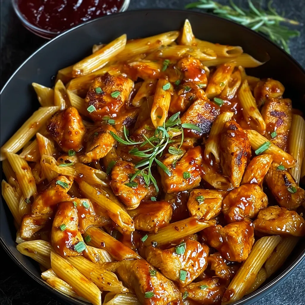 A bowl of pasta with chicken and sauce.