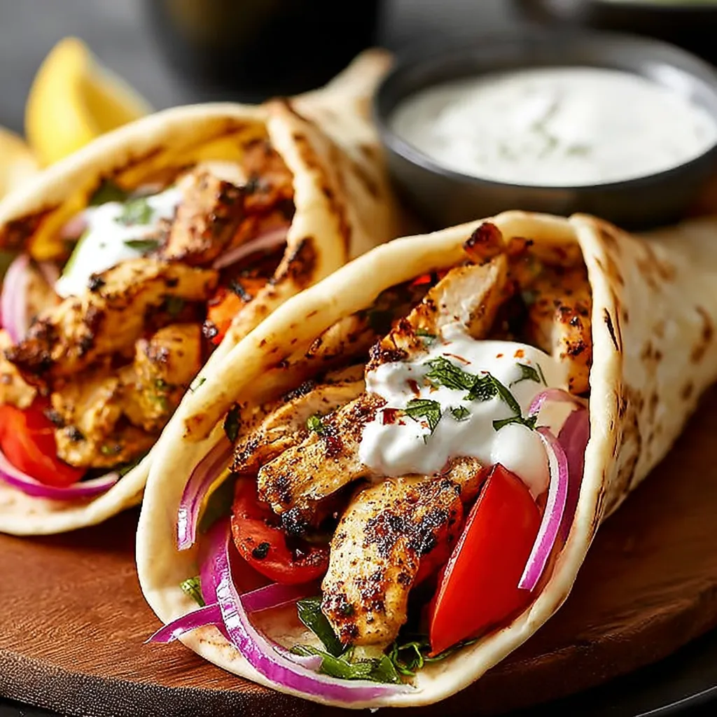 Two chicken wraps with tomatoes and white sauce.