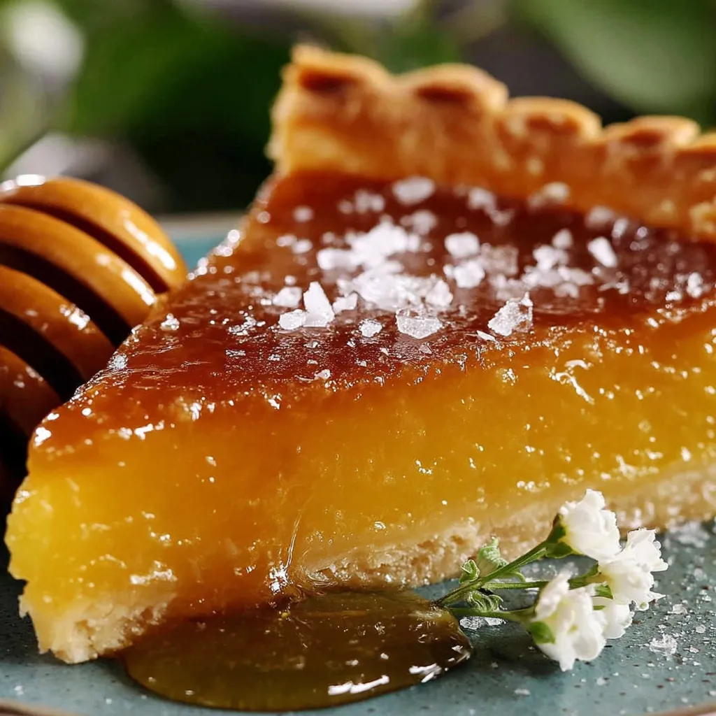 A slice of pie with honey drizzled on top.