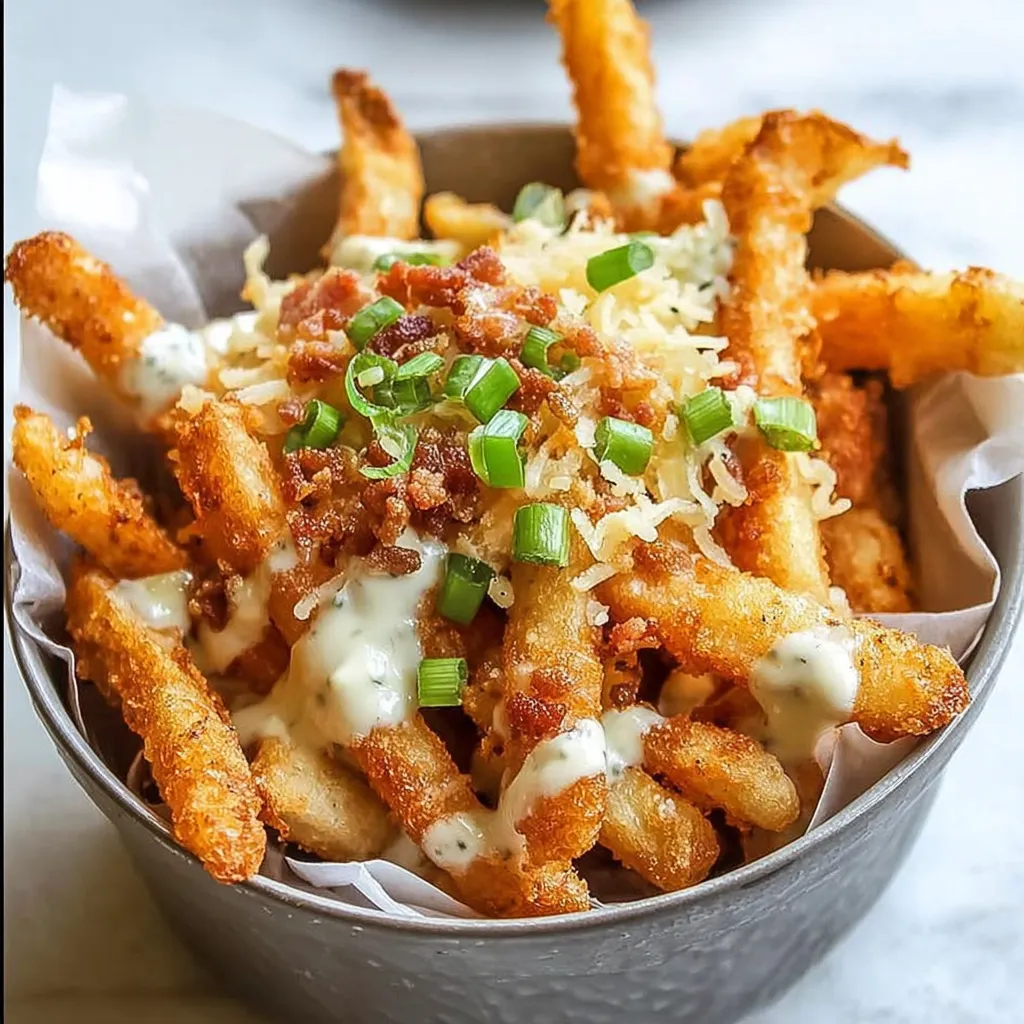 A bowl of bacon and cheese fries.