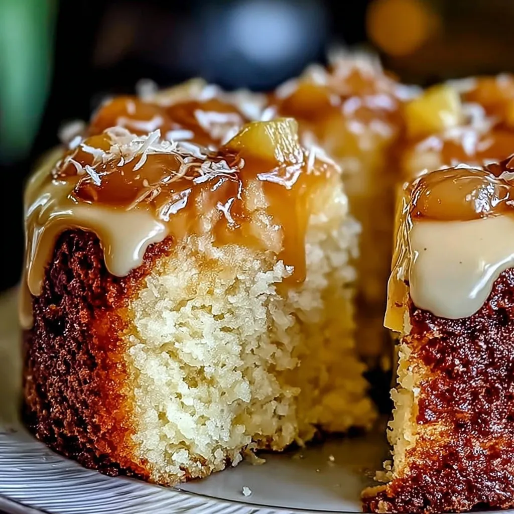 A slice of cake with caramel sauce on top.
