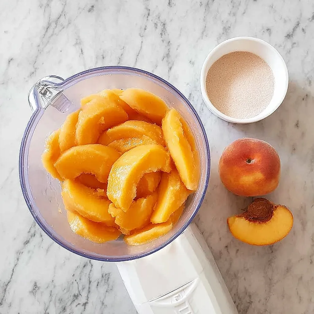 A blender full of peaches.