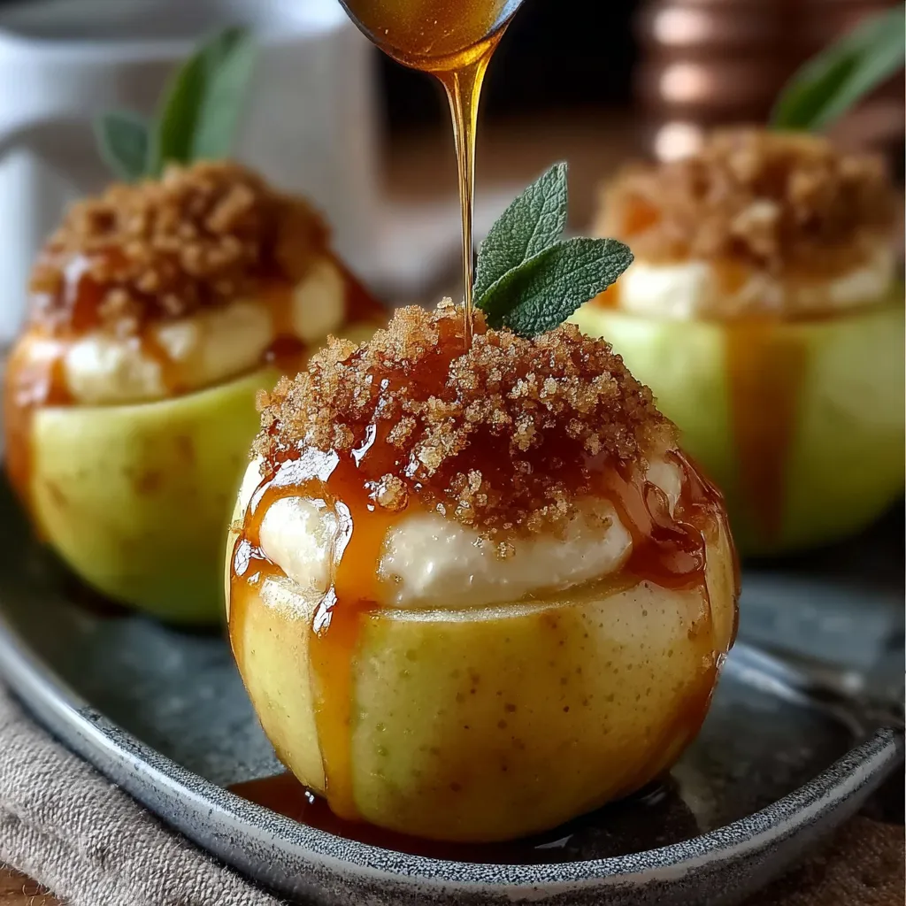 A plate with three apples and syrup.