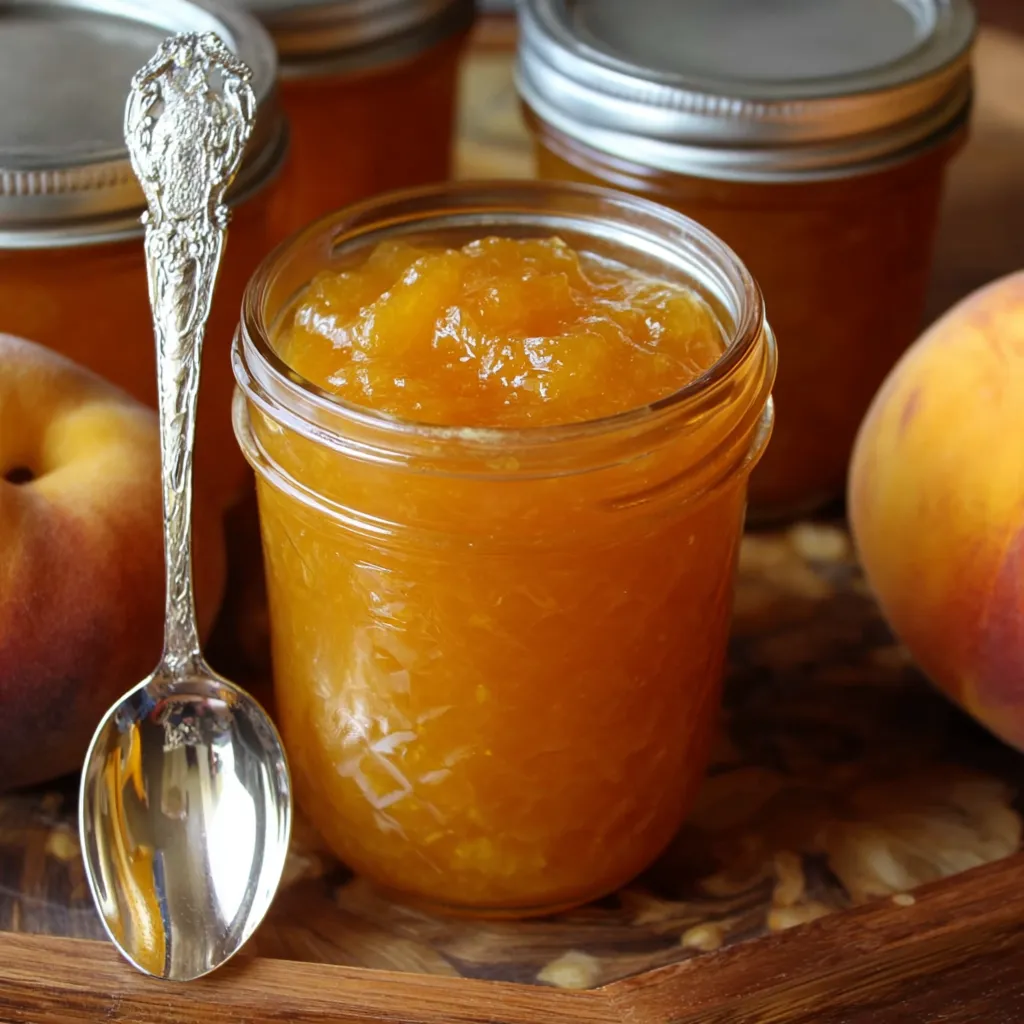 A spoon is in a jar of peaches.