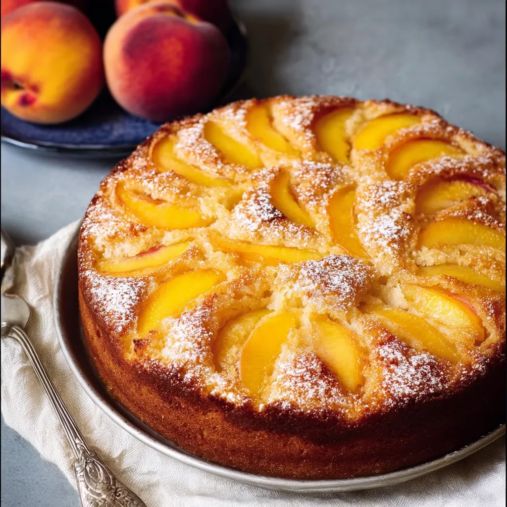 A cake with peaches on top.
