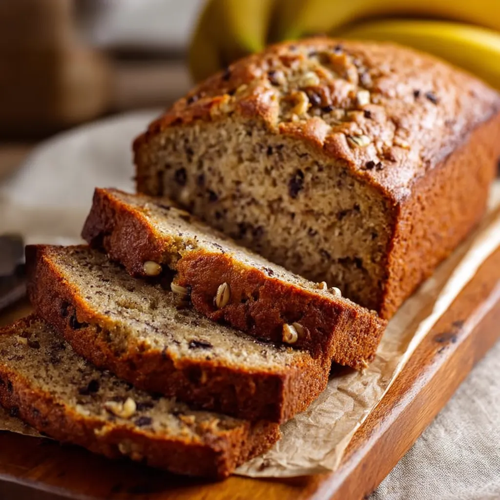 A loaf of banana bread with a slice cut out.