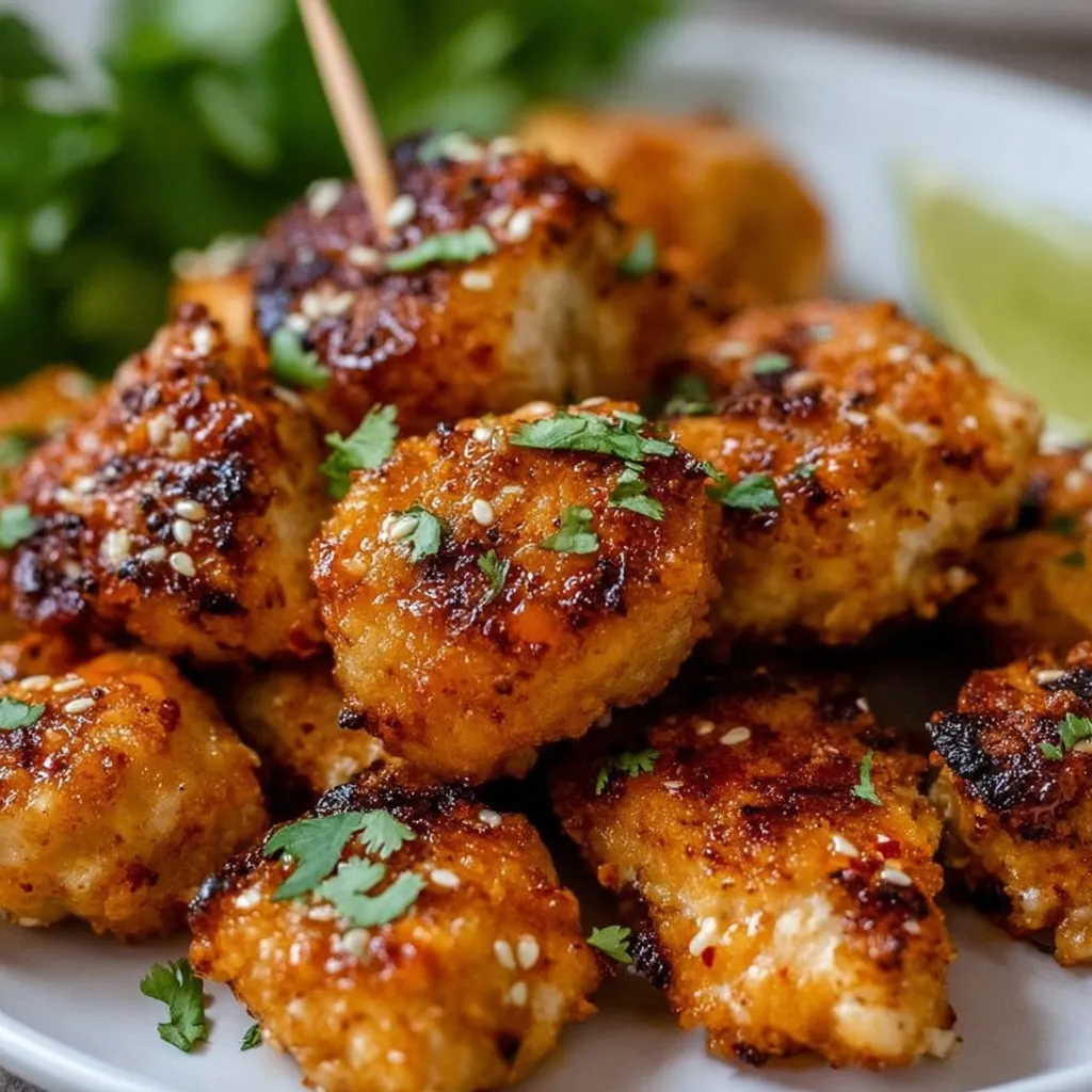 A plate of chicken with a stick in it.