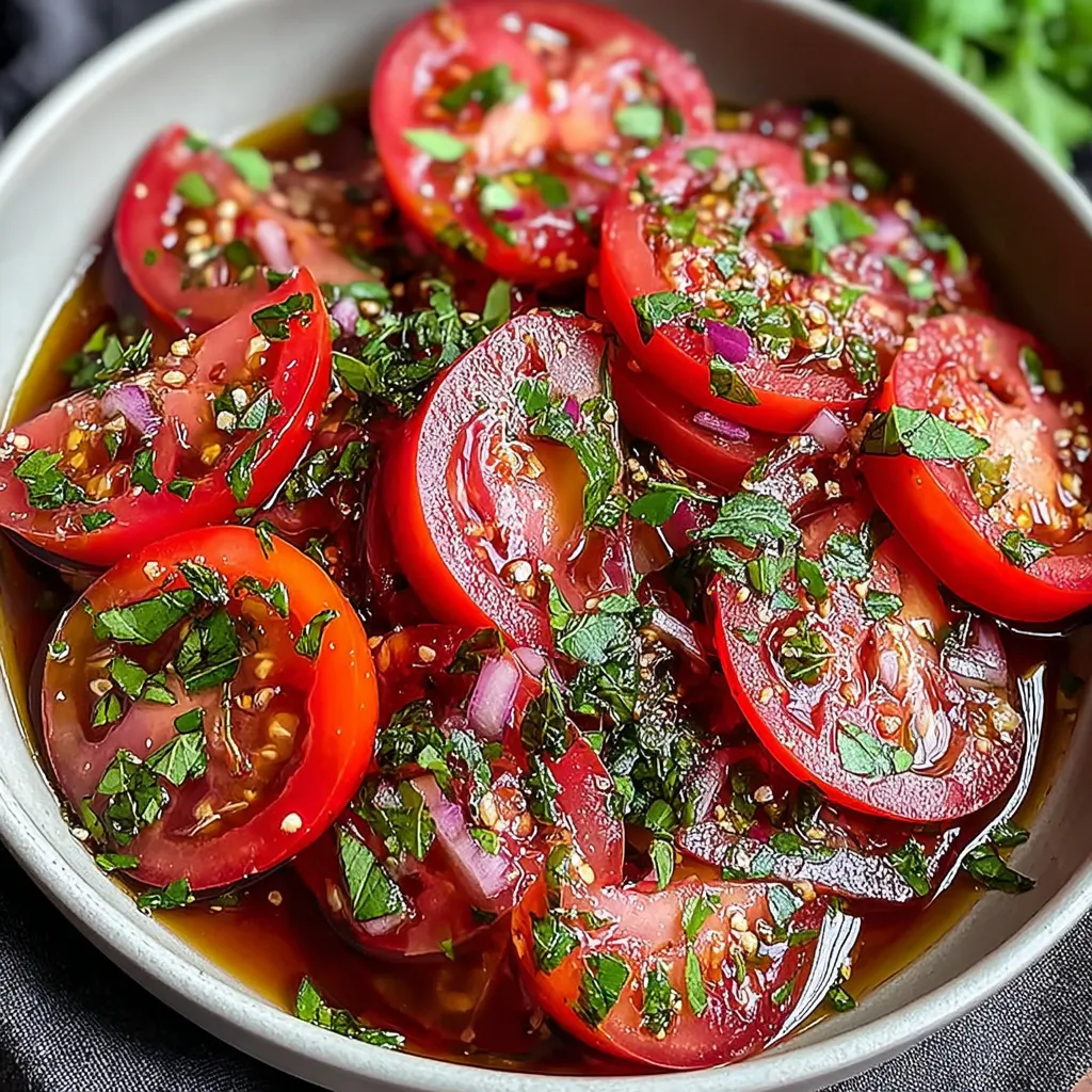A bowl of sliced tomatoes with herbs and spices.