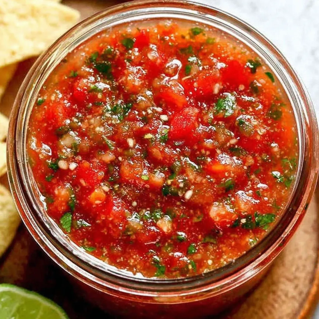 A jar of salsa with a spoon in it.