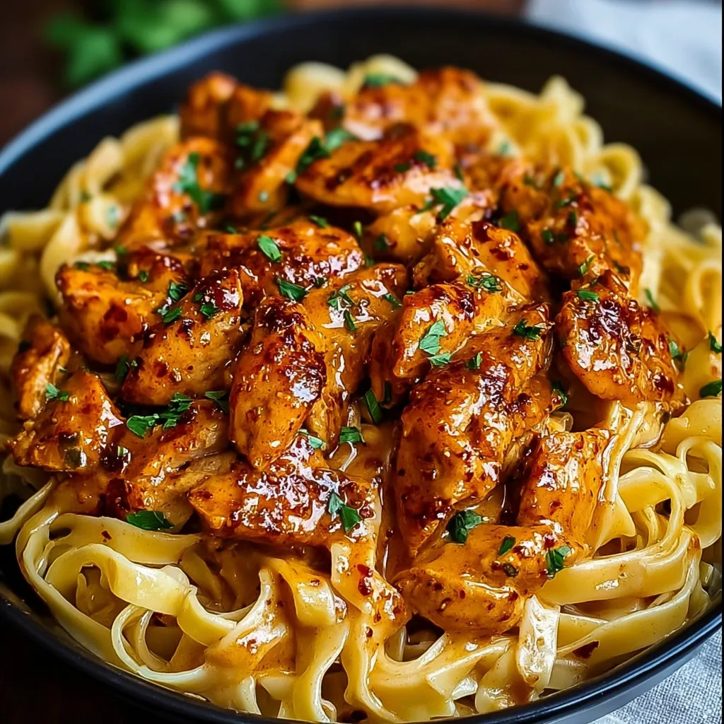 A bowl of pasta with chicken and sauce.