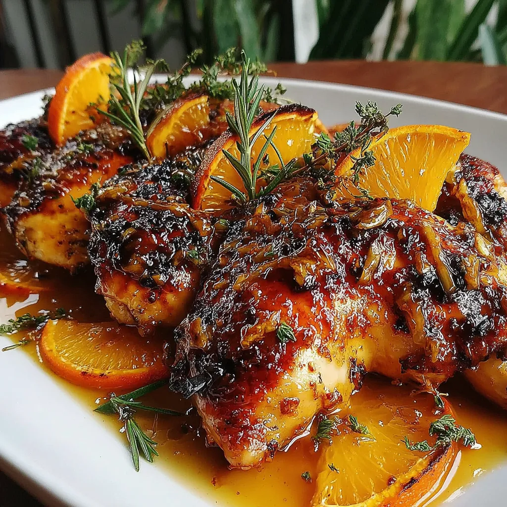 Chicken with orange sauce and herbs.