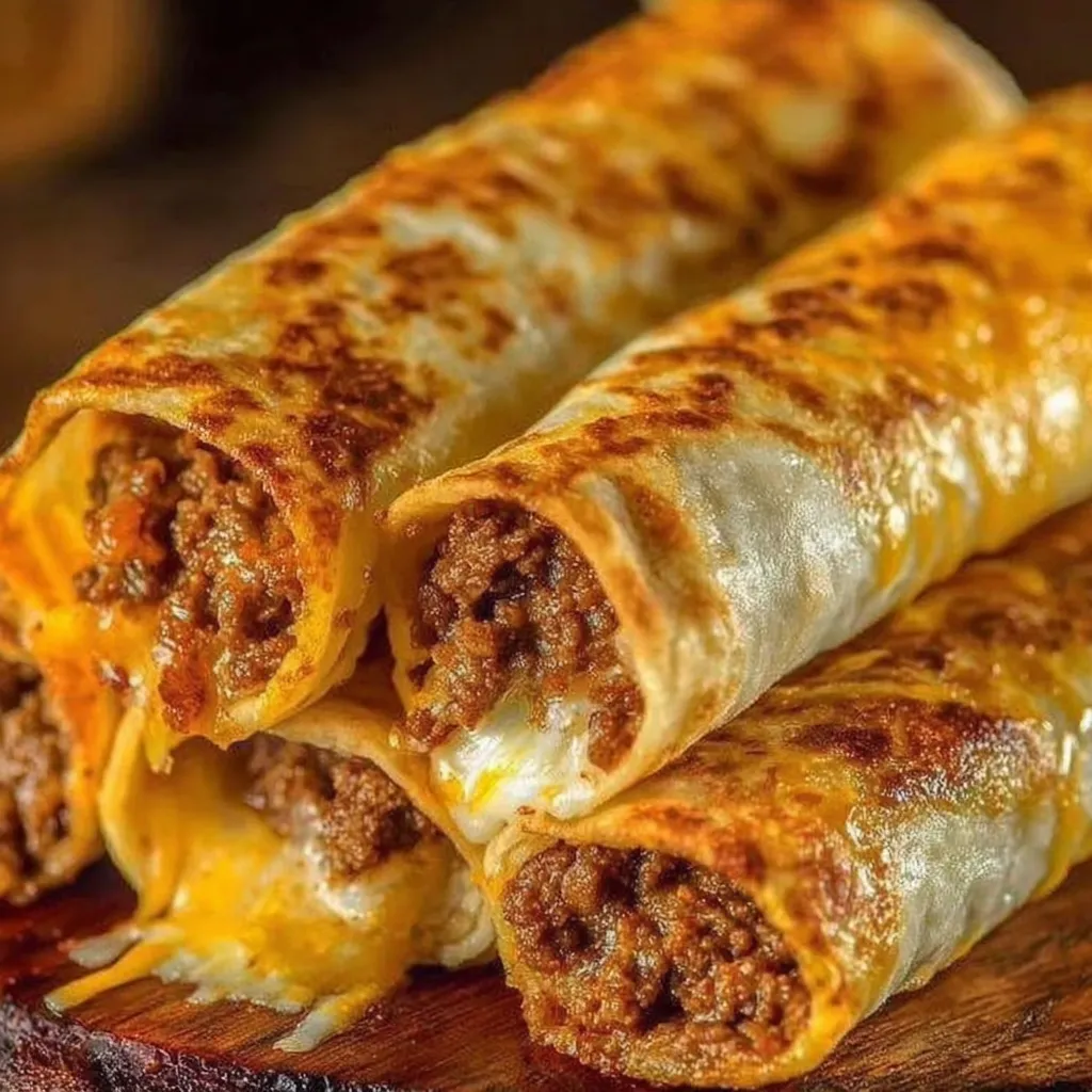 A burrito with cheese and meat on a wooden board.