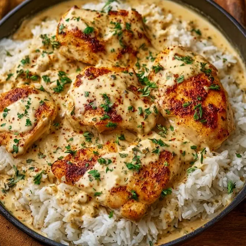 A bowl of rice with chicken and sauce.