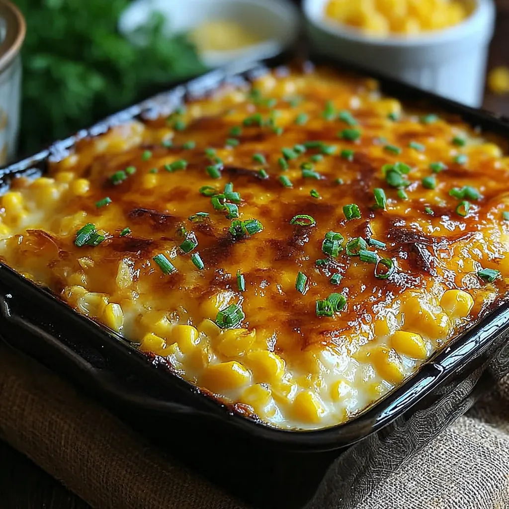 A baked dish with corn and cheese.