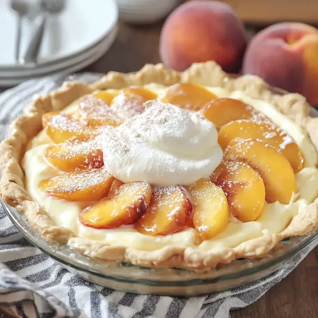 A pie with peaches and whipped cream.