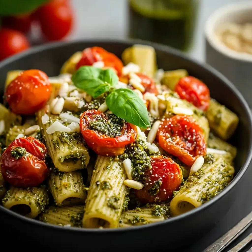 A bowl of pasta with tomatoes and basil.