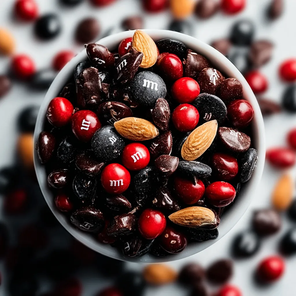 A bowl of M&M's with a mix of red, yellow, black, and brown candies.