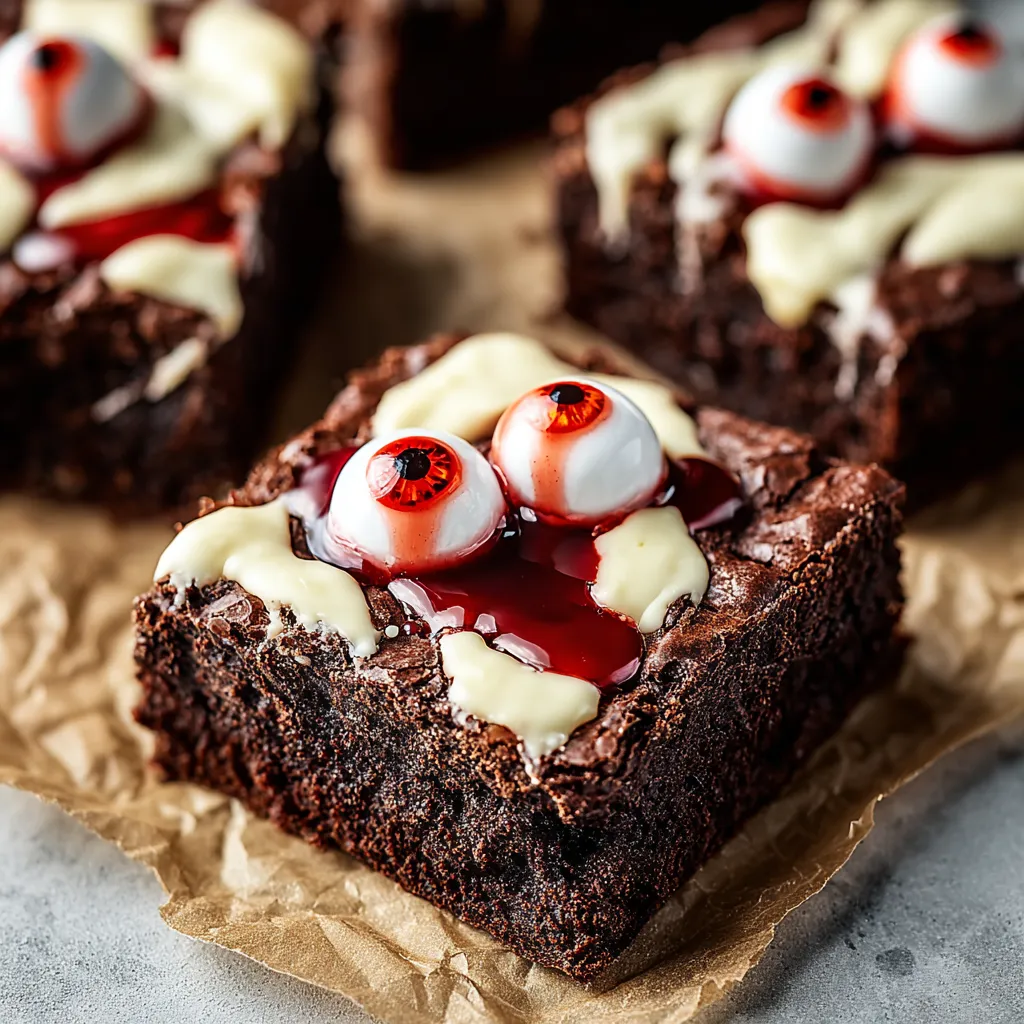 A close up of a chocolate brownie with white icing and red sauce.