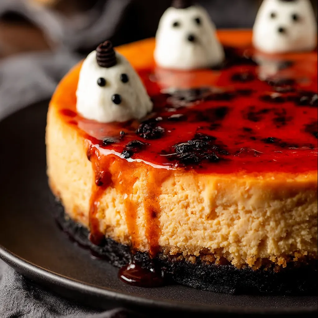 A slice of cheesecake with a ghost on top.