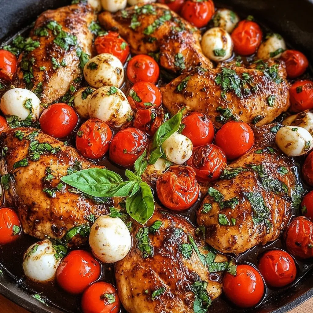 A pan of chicken with tomatoes and cheese.