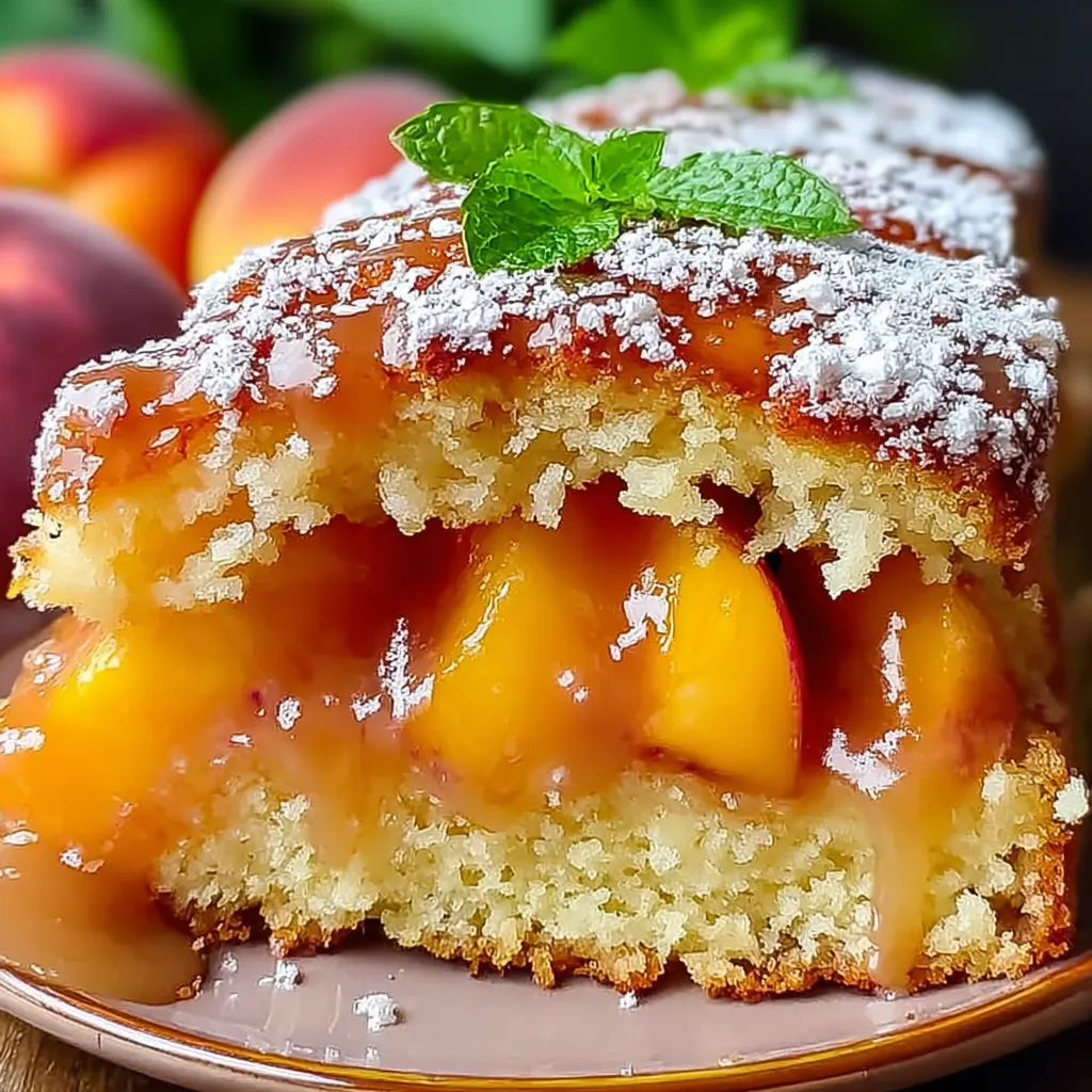 A slice of cake with peaches on top.