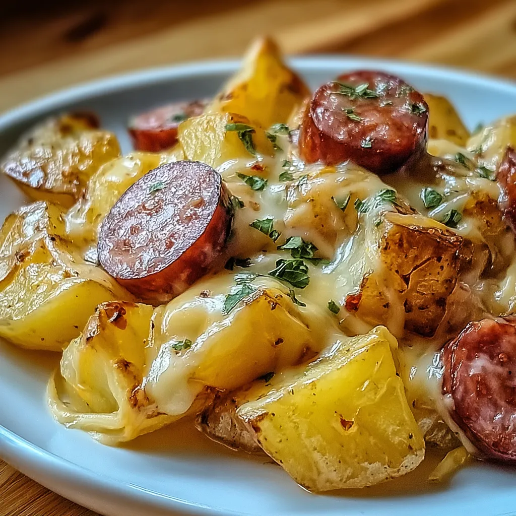 A plate of food with sausage and potatoes.