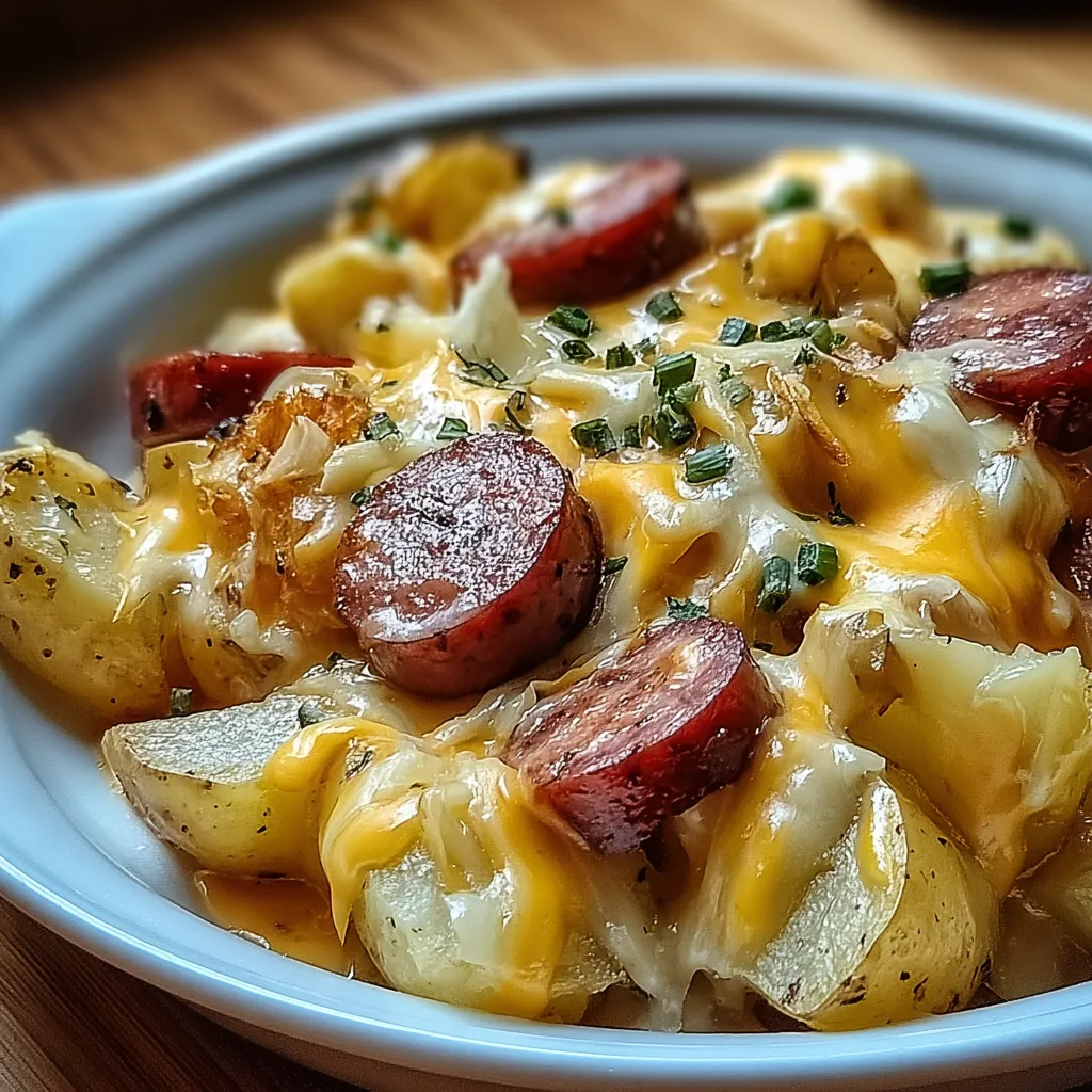 A plate of food with a sausage and potatoes.