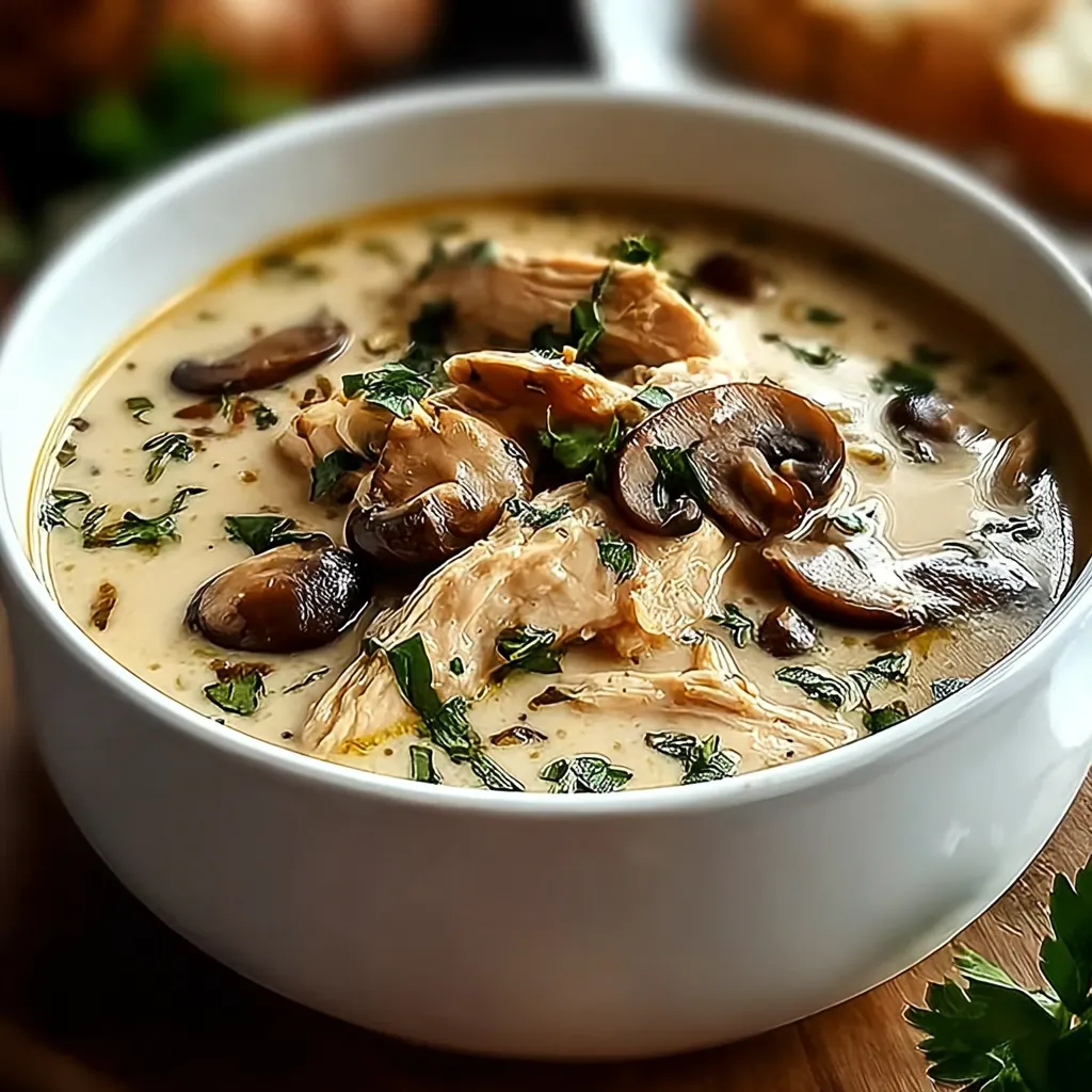 A bowl of soup with mushrooms and chicken.