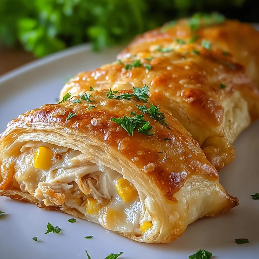 A pastry with corn and chicken on a plate.