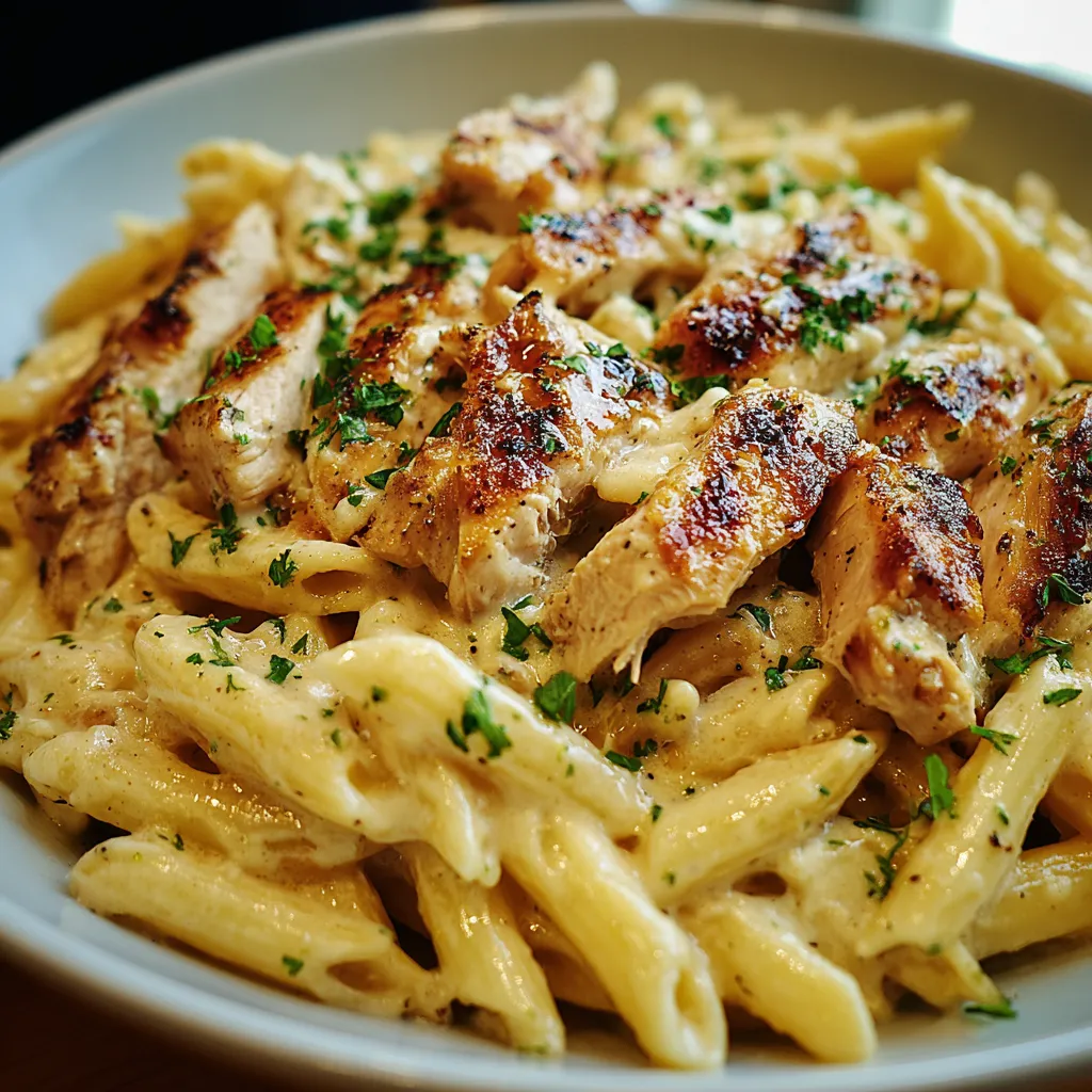 A bowl of pasta with chicken and herbs.