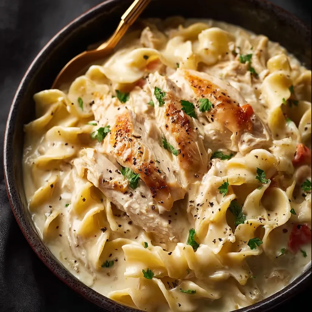 A bowl of pasta with chicken and herbs.