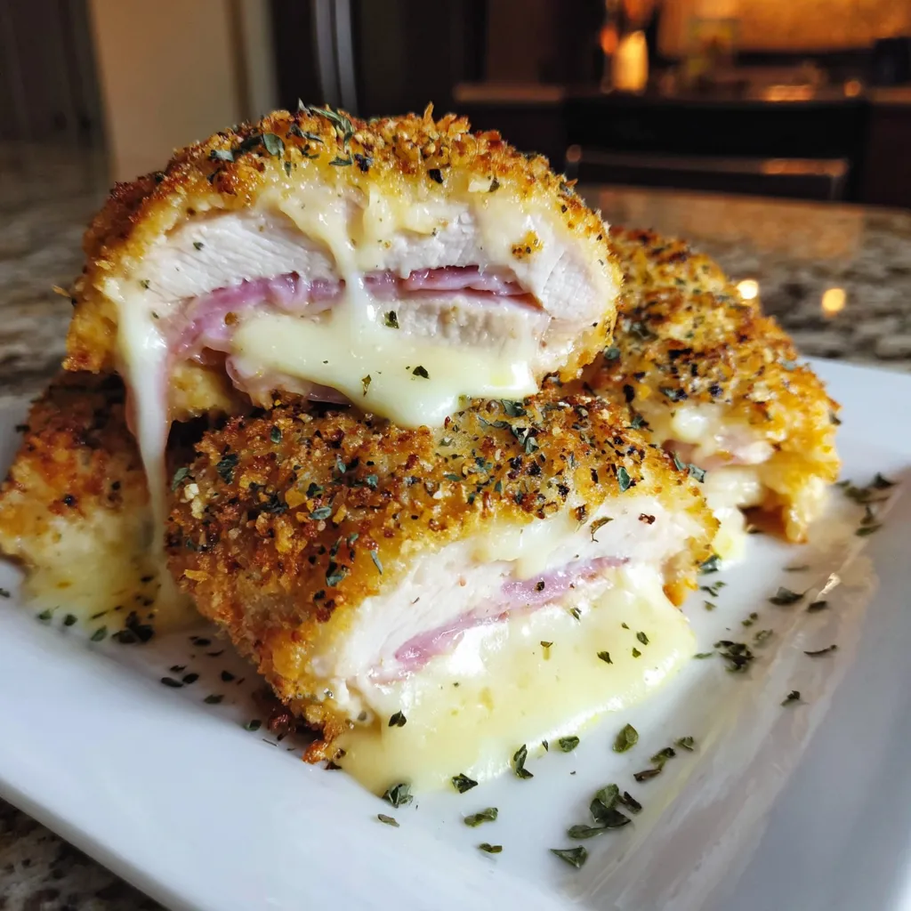 A plate of chicken with cheese and herbs.