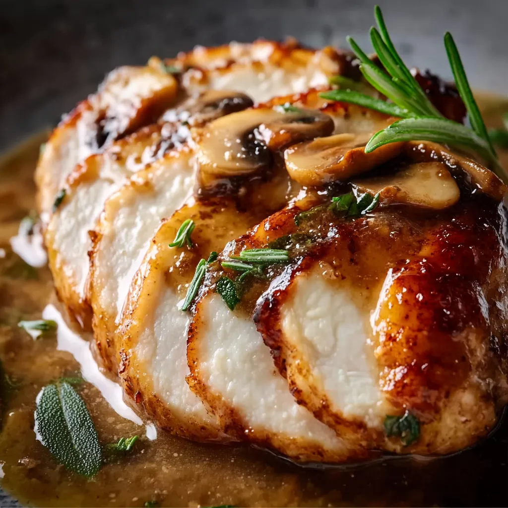 A piece of meat with mushrooms on top.