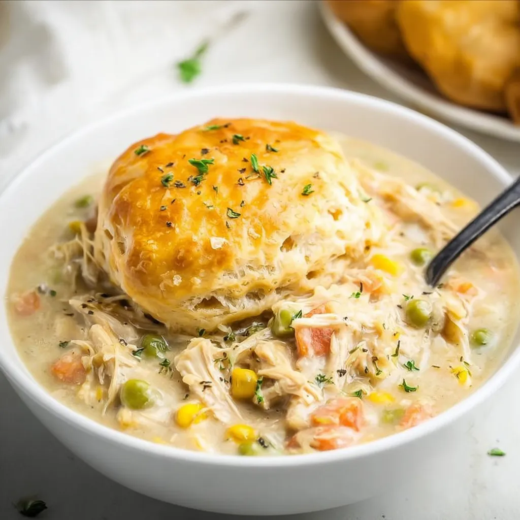 A bowl of soup with a biscuit in it.