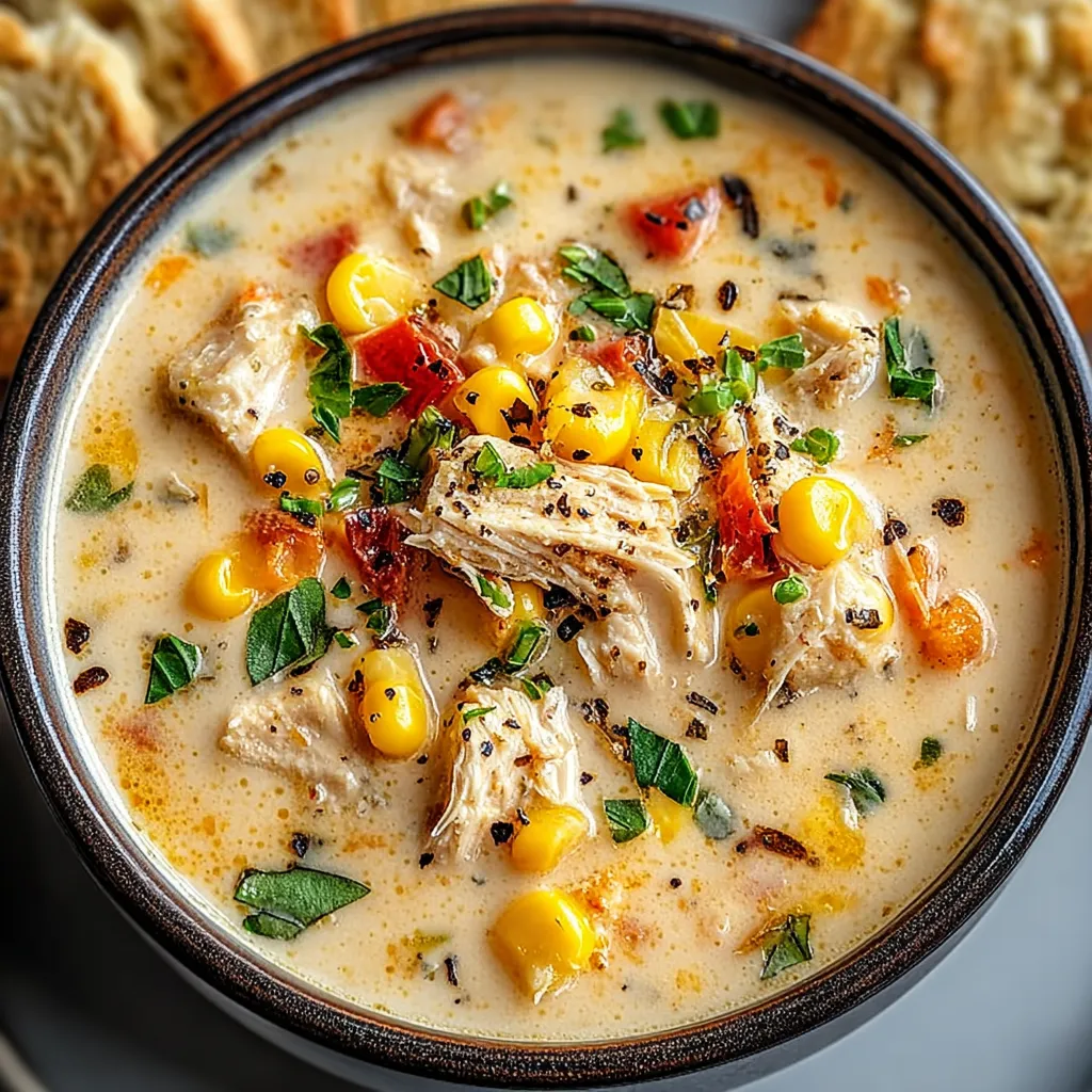 A bowl of soup with chicken and corn.